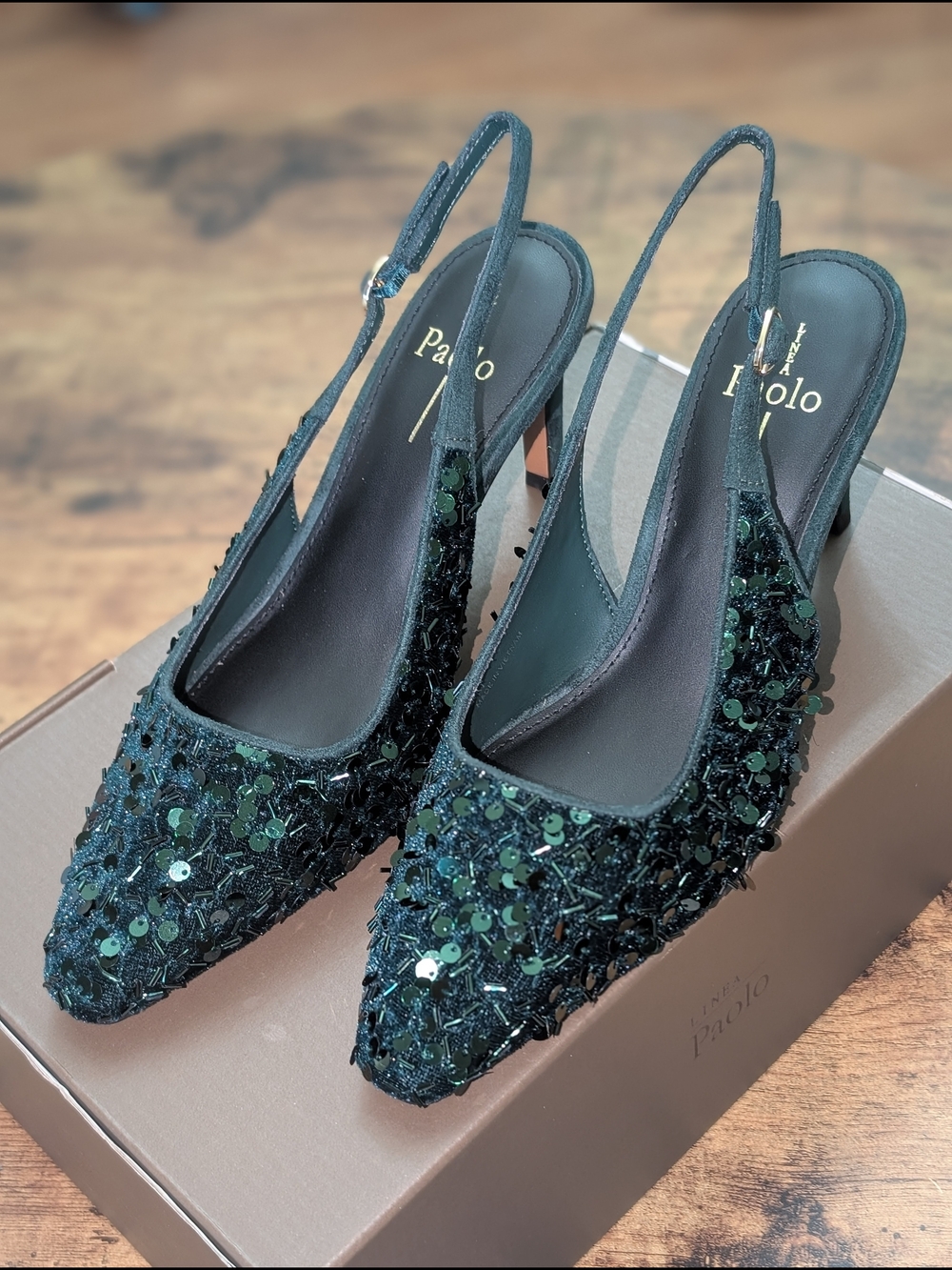 NWT Linea Paolo Cosmo Green Sequin Slingback Heels - Picture 2 of 7